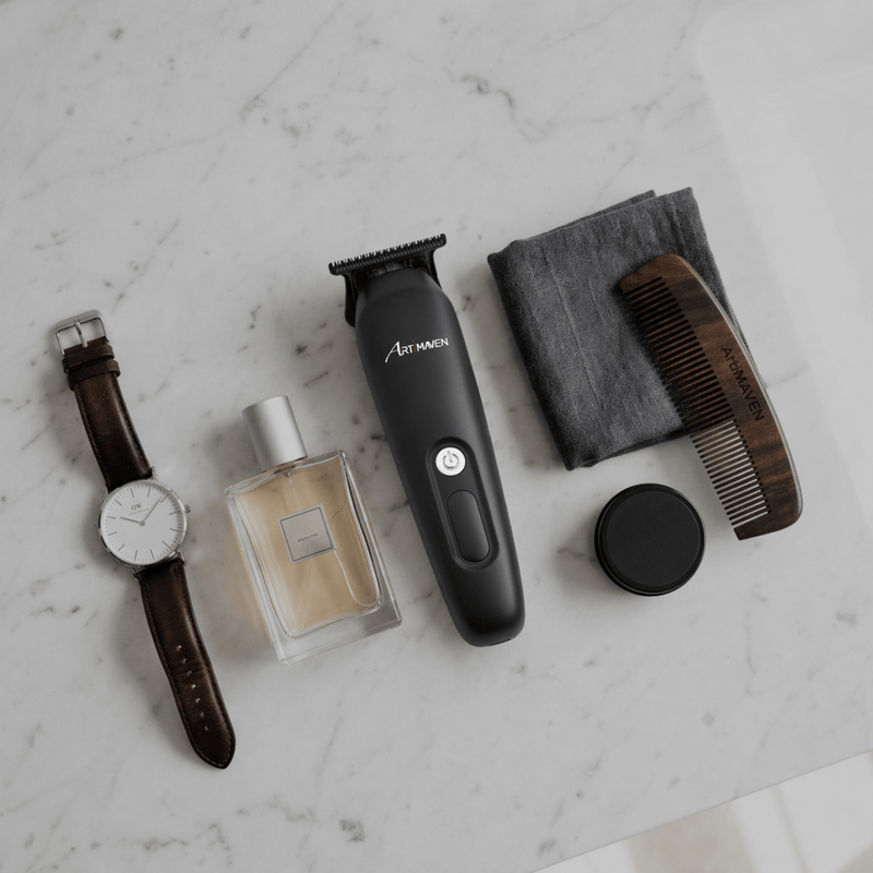 premium beard trimmer on dark stone with dramatic rim lighting