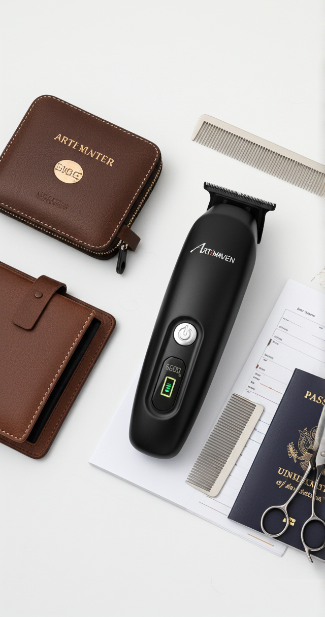 premium beard trimmer on dark stone counter with dramatic rim lighting