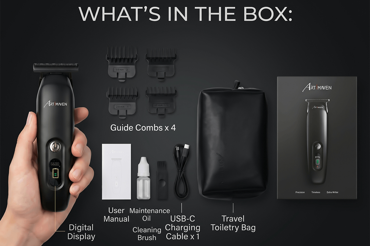 Cordless beard trimmer kit with USB-C charging and travel case.